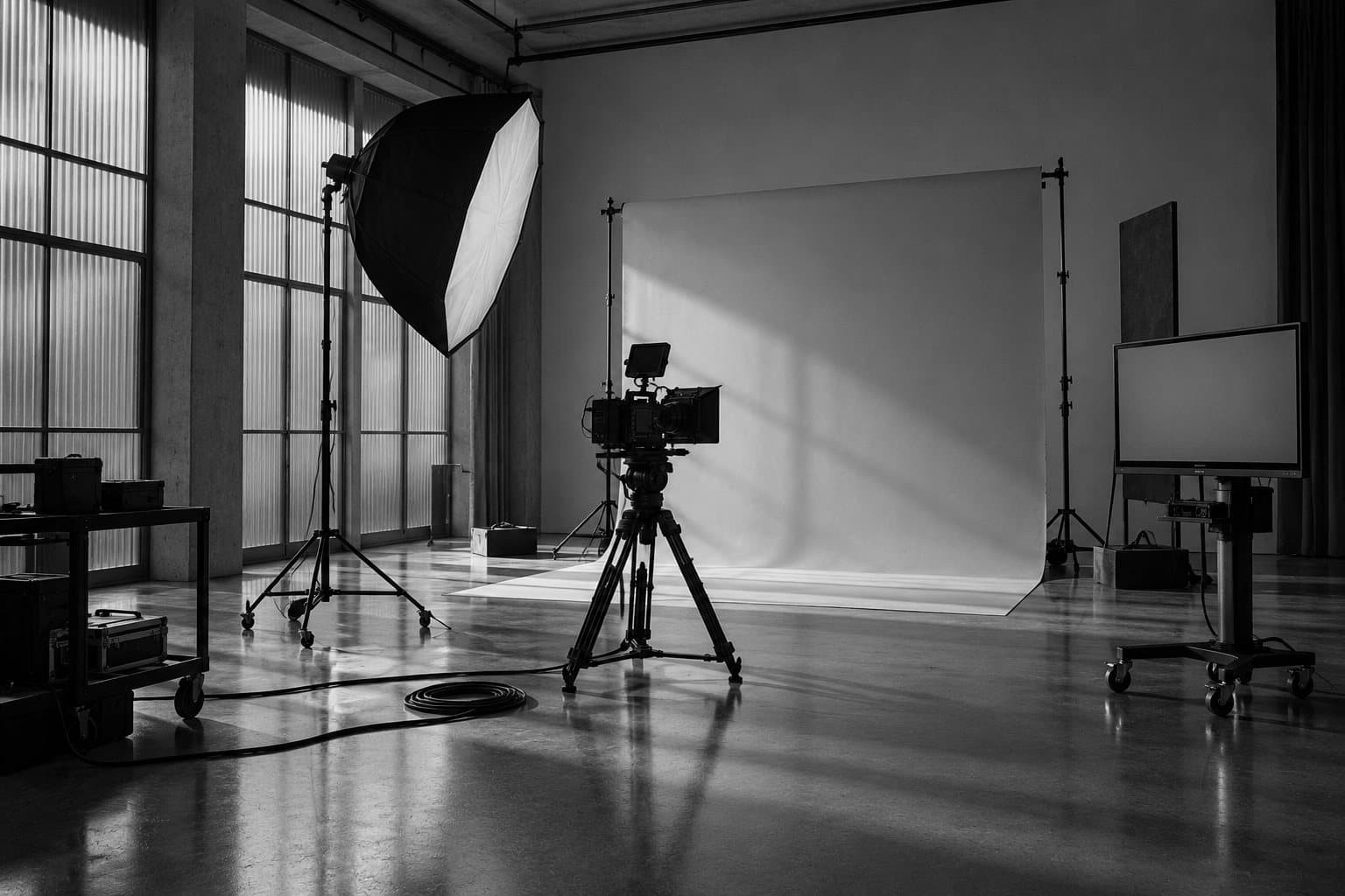 Un studio de production : caméra, boîte à lumière et fond vide