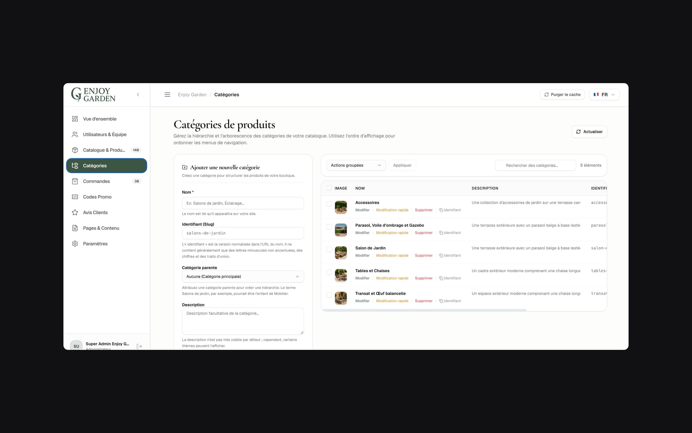 The admin dashboard: managing product categories